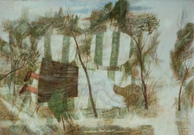 “Träumende am Waldrand auf gestreiftem Sofa” by Alexey von Schlippe